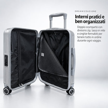 Trolley Elegance argento aperto, con doppio scomparto, divisorio con zip e cinghie elastiche