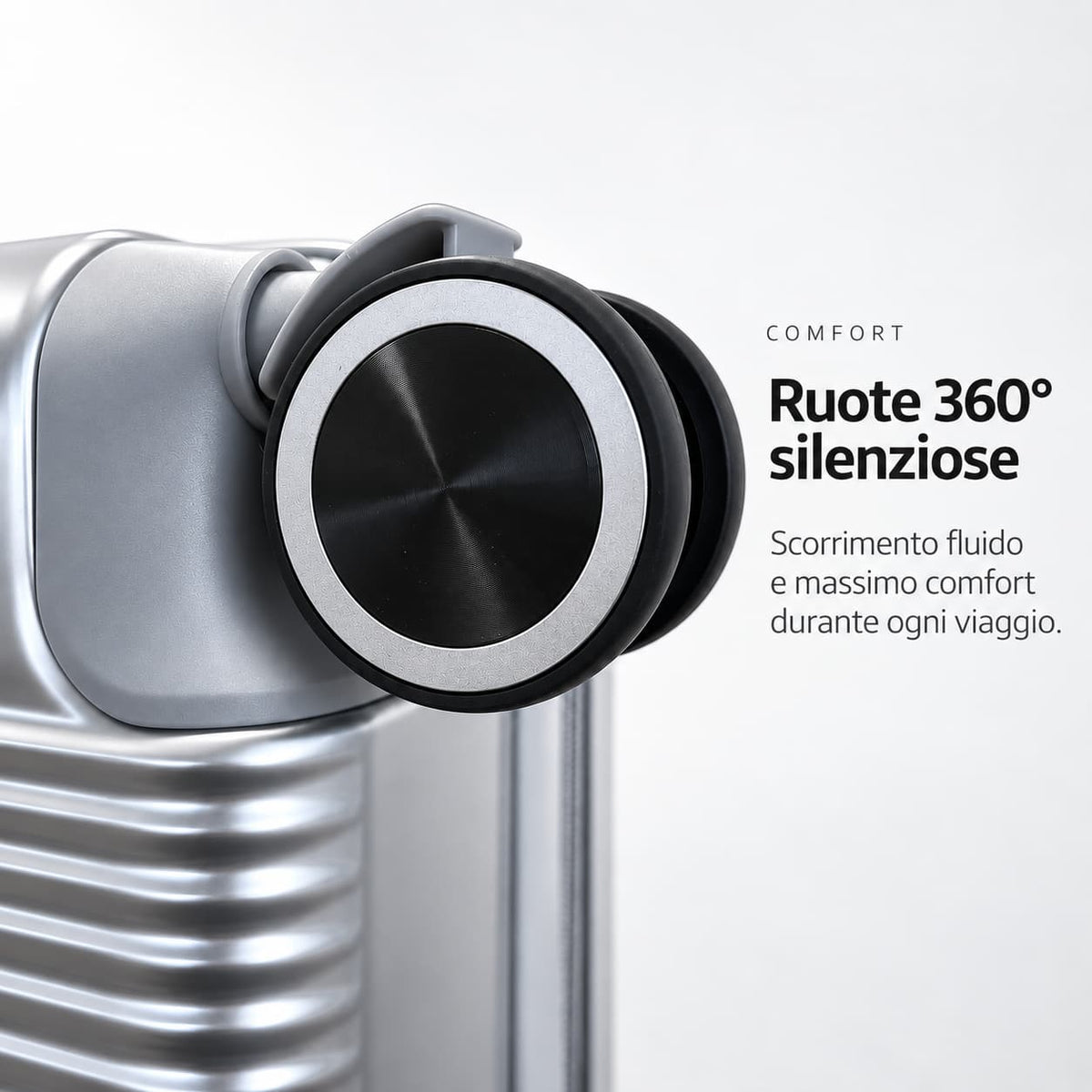 Dettaglio della doppia ruota girevole a 360° del trolley cabina Elegance argento