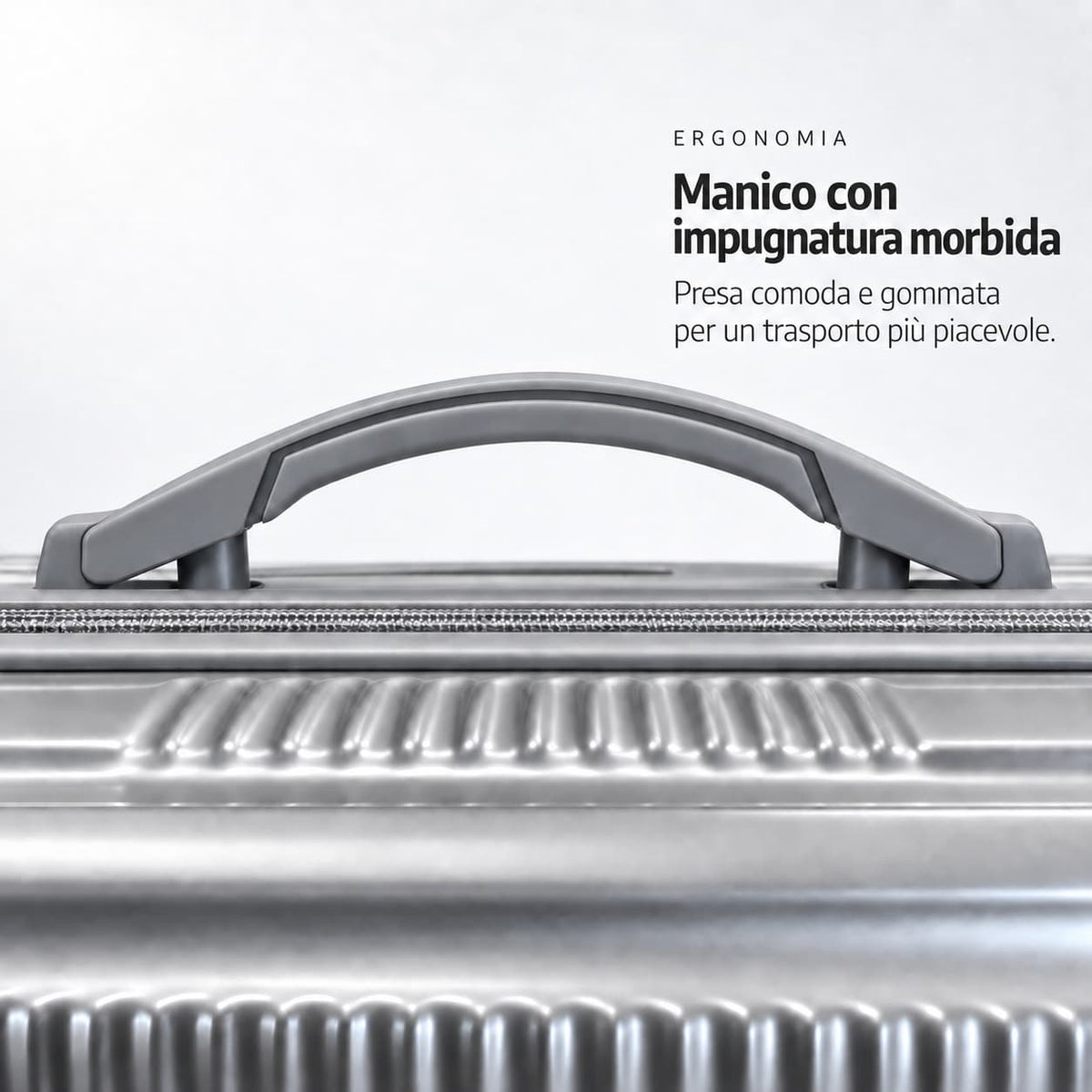 Dettaglio della maniglia superiore grigia con impugnatura morbida del trolley Elegance