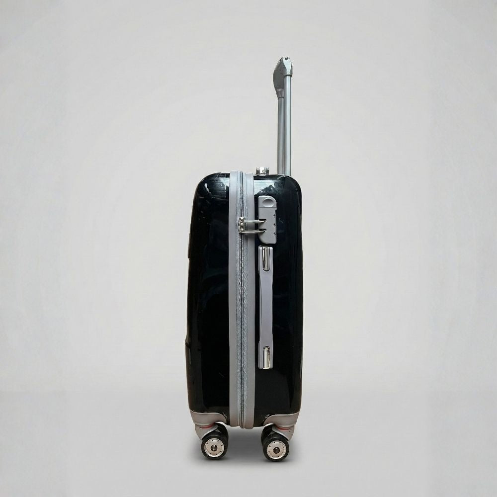 Valigia cabina rigida nera vista laterale con 4 ruote e design elegante per viaggi business.