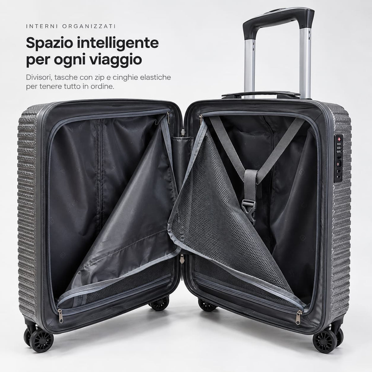 Interno organizzato del trolley cabina Stopover in PET riciclato con divisori, tasche zip e cinghie elastiche