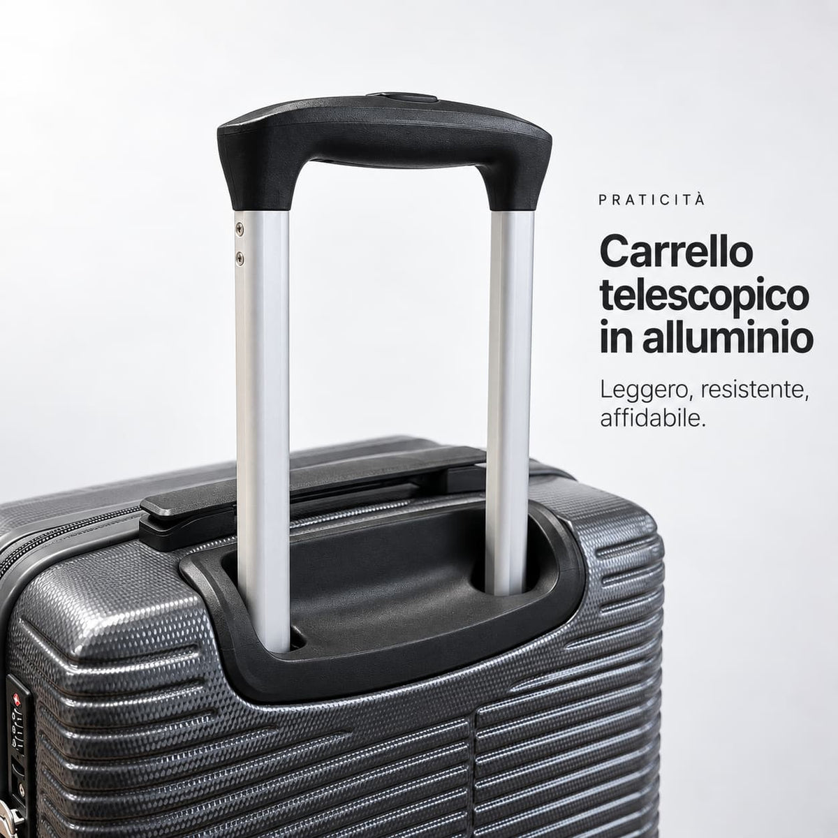 Dettaglio del carrello telescopico in alluminio del trolley cabina, leggero, resistente e pratico da utilizzare.