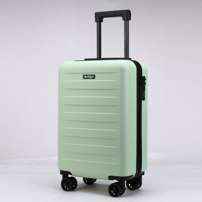 Trolley da cabina verde menta da 54 cm, vista tre quarti con maniglia ergonomica superiore e logo Stopover in metallo