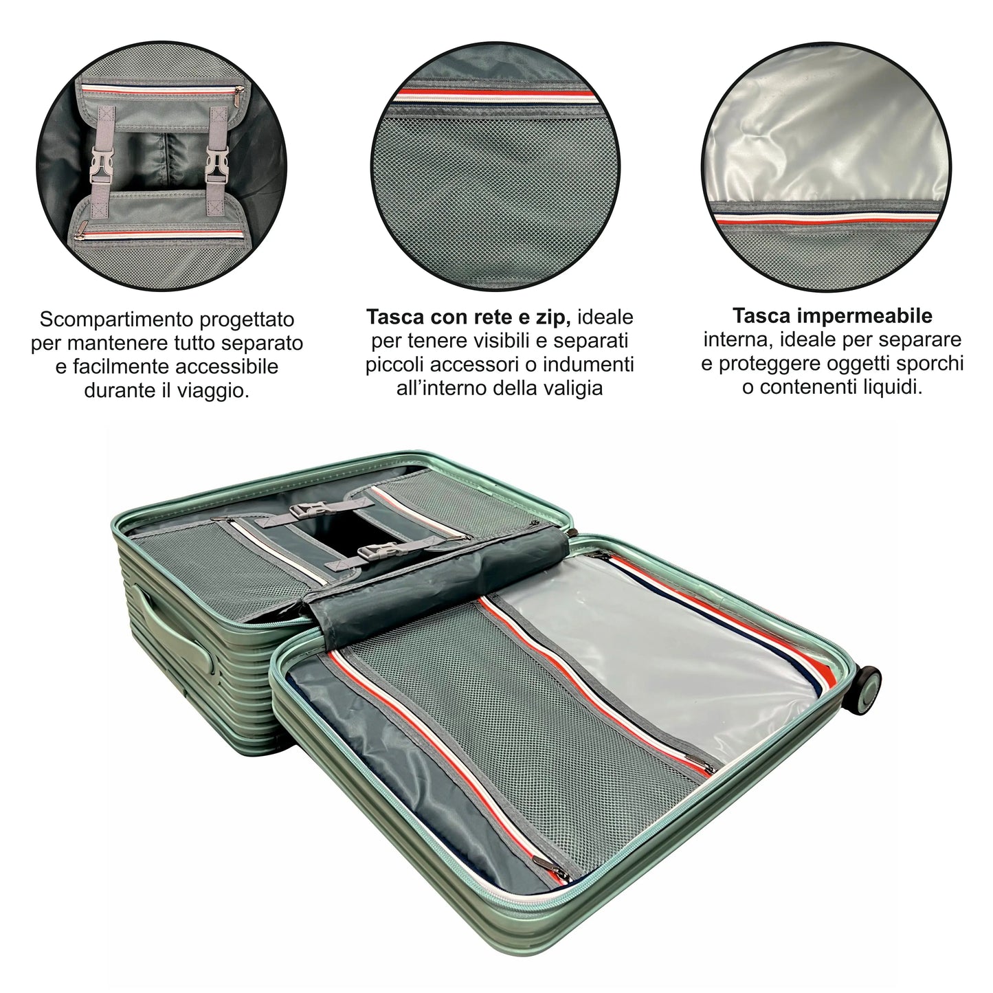 Interno organizzato del set trolley Stopover con divisorio a zip e tasche multiple richiudibili﻿