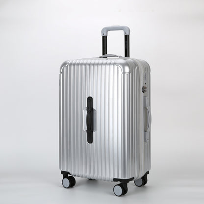 Trolley rigido argento STOPOVER con carrello telescopico interno in alluminio esteso e maniglia superiore ergonomica.