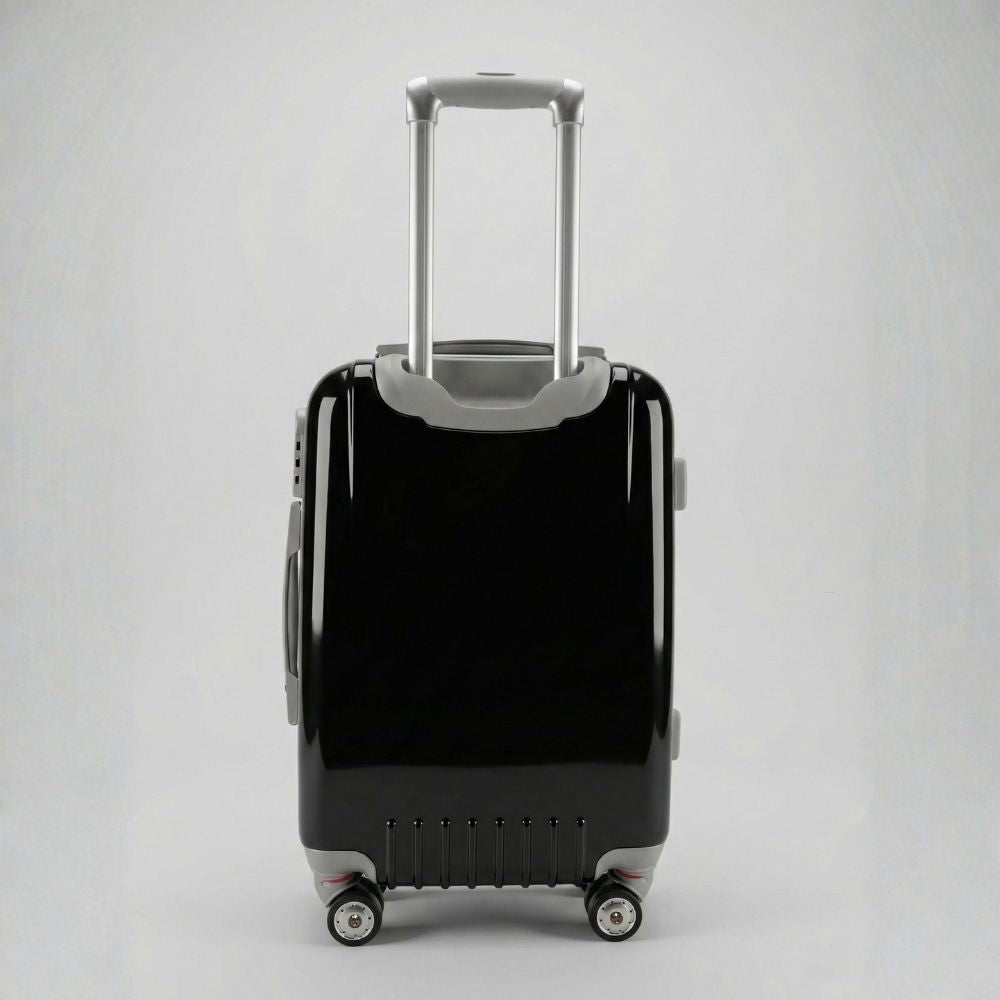 Uomo/Donna in aeroporto con trolley bagaglio a mano nero, ideale per viaggi di lavoro e weekend.