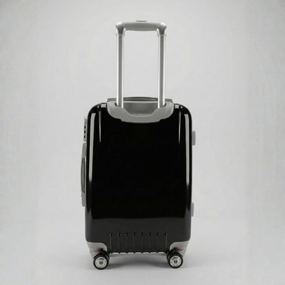 Uomo/Donna in aeroporto con trolley bagaglio a mano nero, ideale per viaggi di lavoro e weekend.