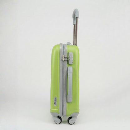 Valigia rigida verde con 4 ruote e manico telescopico, resistente e leggera per viaggi brevi.