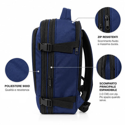Zaino bagaglio a mano 40x25x20 blu navy in poliestere 900D con zip resistenti e scomparto principale espandibile +3 cm