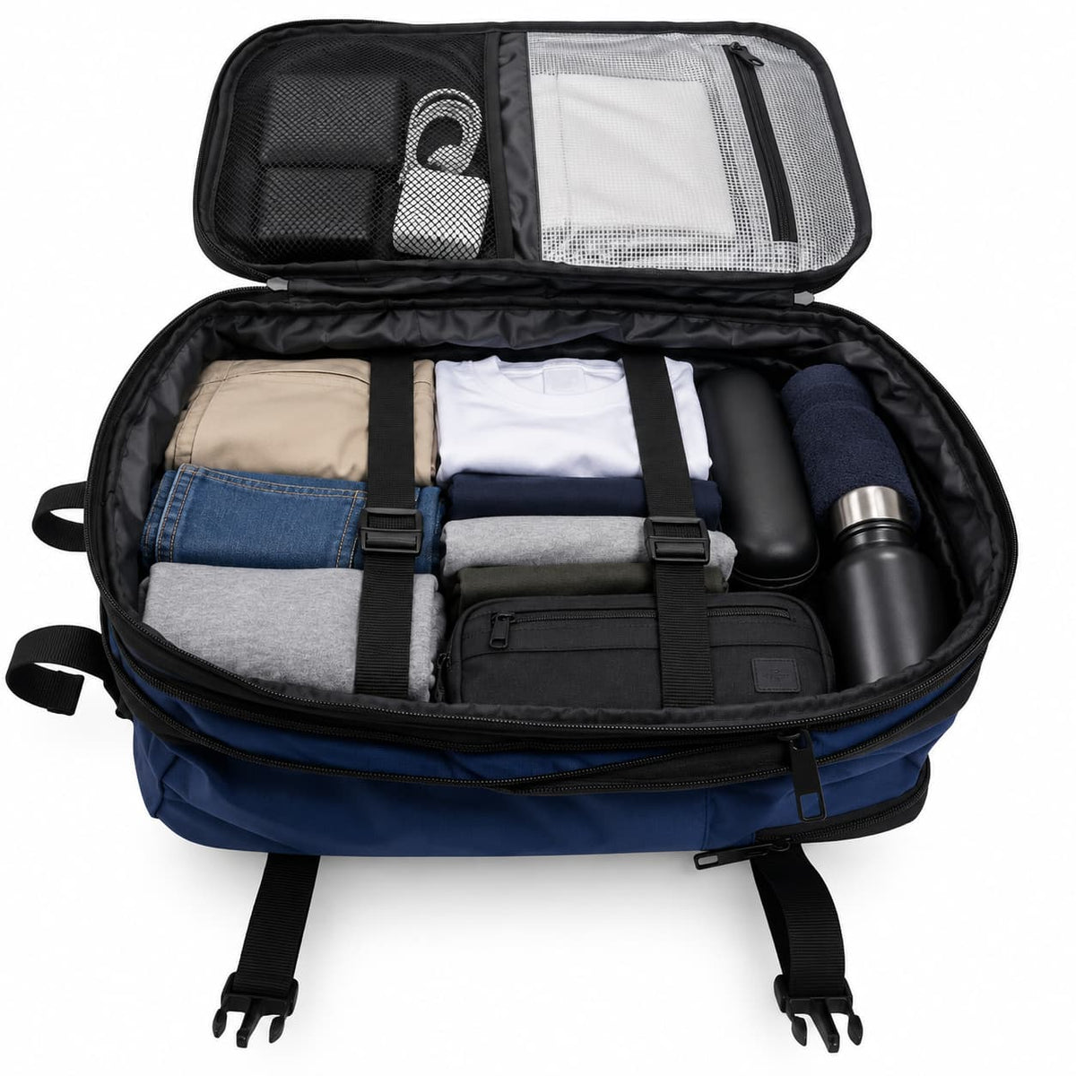 Zaino bagaglio a mano blu navy aperto con vestiti organizzati, beauty case e tasca impermeabile - vista interna