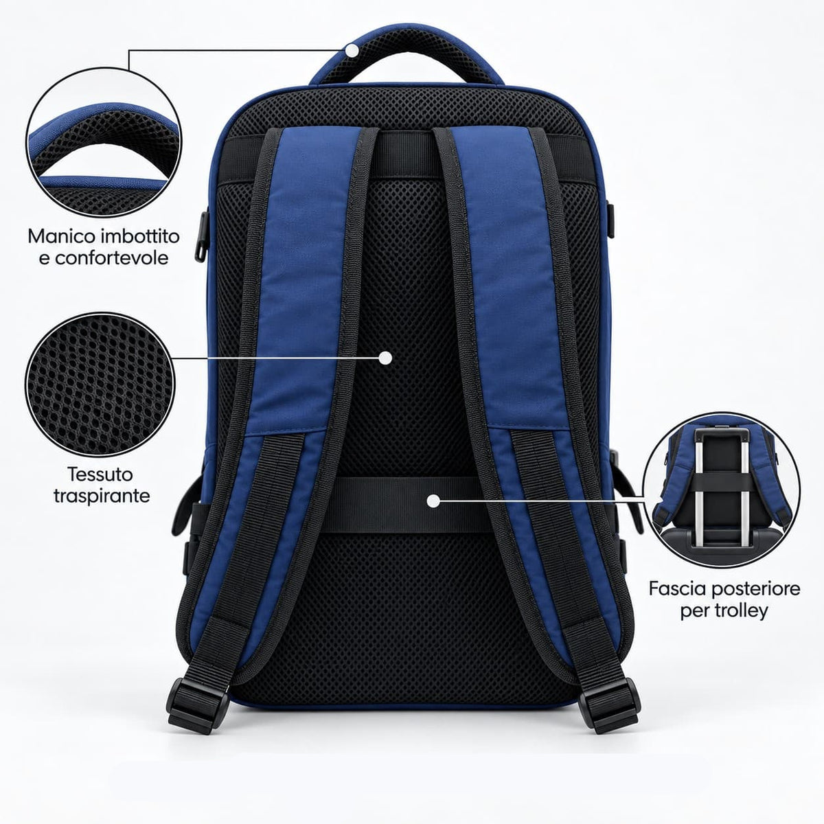 Zaino bagaglio a mano blu navy con schienale traspirante, spallacci imbottiti e fascia per trolley - vista posteriore