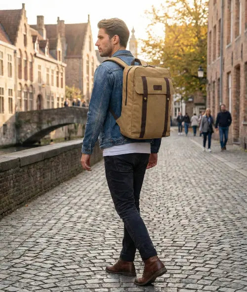 Zaino bagaglio a mano in canvas stile vintage con tasca porta PC, ideale per viaggi e università.