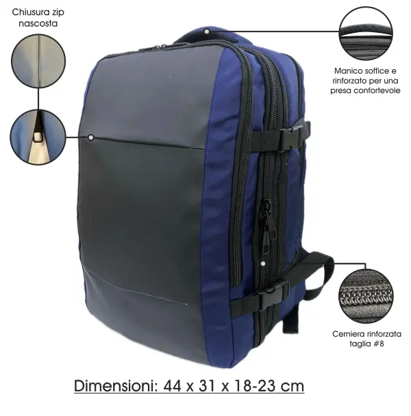 Interno dello zaino bagaglio a mano con scomparti per laptop, documenti e accessori
