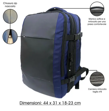 Interno dello zaino bagaglio a mano con scomparti per laptop, documenti e accessori