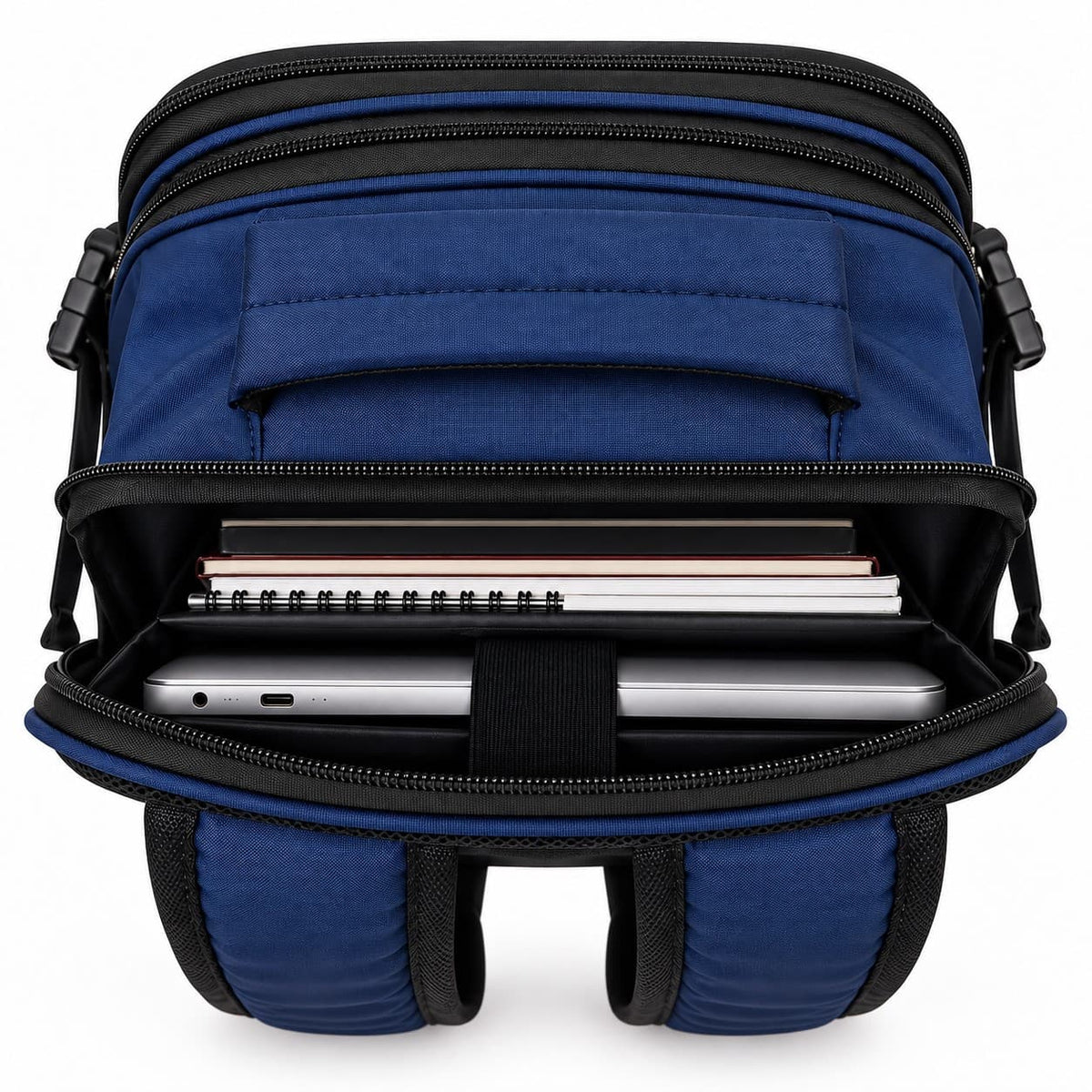 Zaino bagaglio a mano blu con scomparto porta PC imbottito e vano interno organizzato per laptop, tablet e documenti