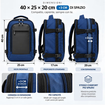 Zaino bagaglio a mano 40x25x20 cm espandibile di 3 cm, con profondità fino a 23 cm e cinghie di compressione laterali.