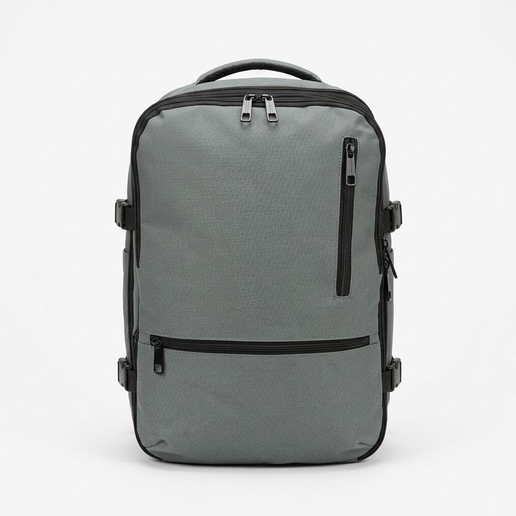 Zaino da viaggio ergonomico grigio in poliestere 600D con porta USB e vano scarpe separato.