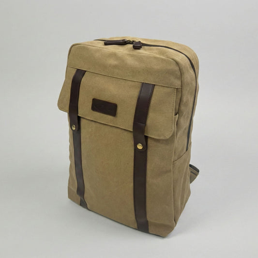 Zaino in canvas stile vintage per università e viaggi, dimensioni 43x30x14 cm, dotato di tasca frontale con robusti bottoni in metallo