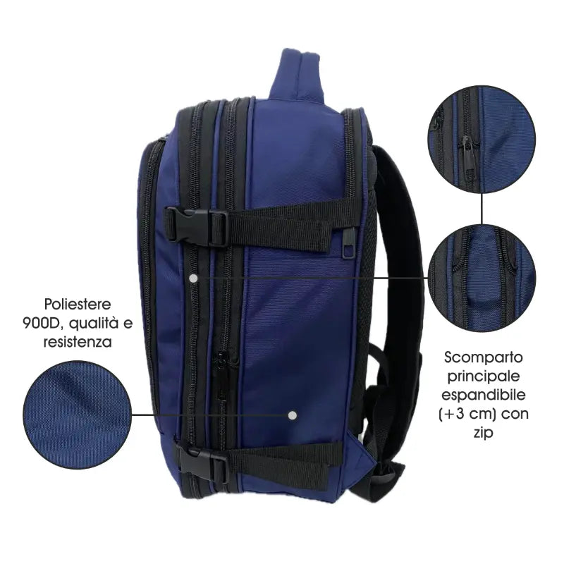 Vista laterale dello zaino bagaglio a mano compatto, design moderno e urbano