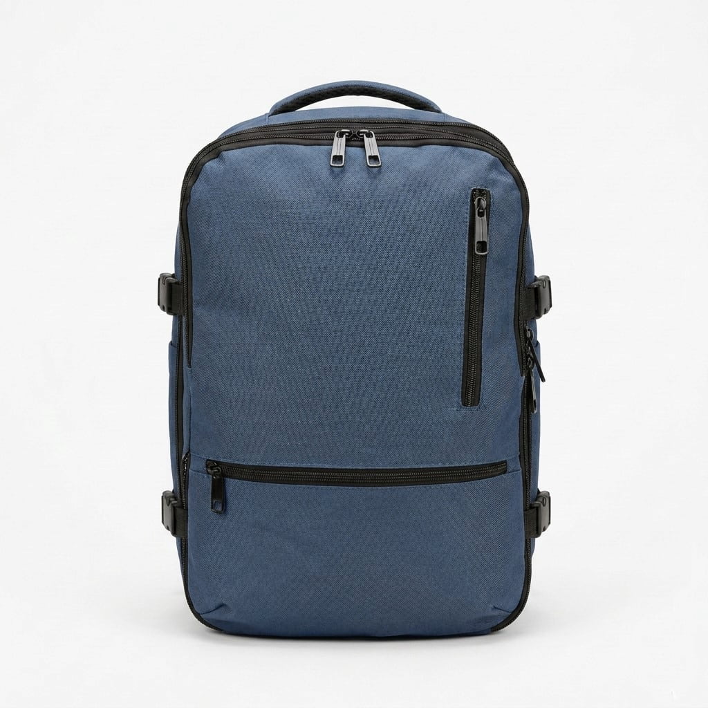 Zaino espandibile blu per weekend e voli low cost con tasca impermeabile e fascia per trolley.